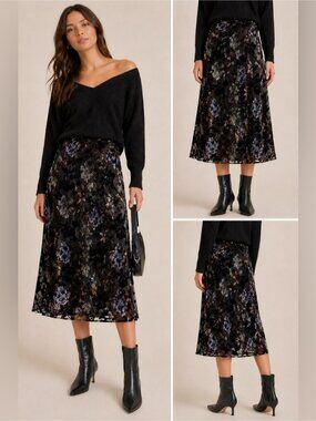Heartloom Floral Burnout Midi Skirt XS Black Sheer Overlay